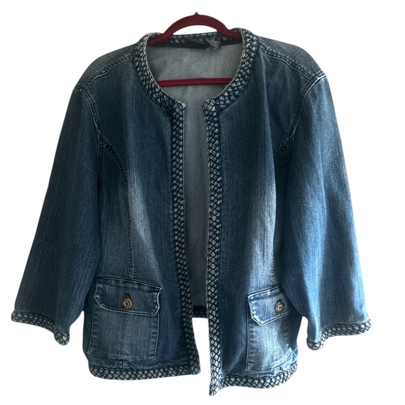 Chico's Braided Collarless Denim Jacket. Woman’s Size 3X (Chicos 3) Blue Denim - Picture 3 of 11